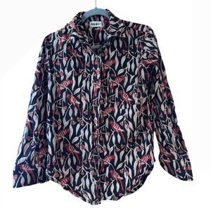 NAMAI Women Red Bird Block Print Cotton Button Down Shirt Long Sleeve Small